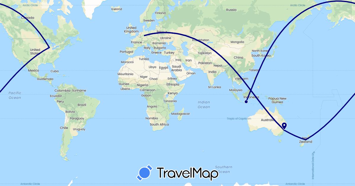 TravelMap itinerary: driving in Australia, Indonesia, New Zealand, United States (Asia, North America, Oceania)